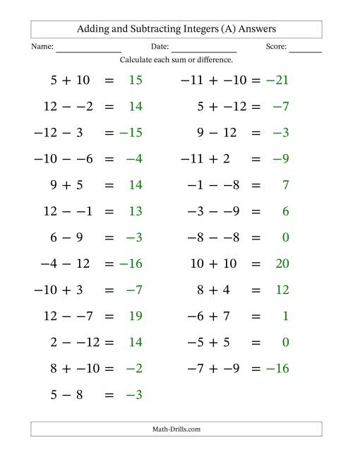The Adding and Subtracting Mixed Integers from -12 to 12 (25 Questions; Large Print; No Parentheses) (All) Math Worksheet Page 2