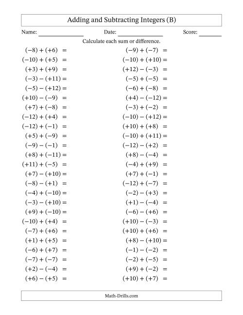 The Adding and Subtracting Mixed Integers from -12 to 12 (50 Questions; All Parentheses) (B) Math Worksheet