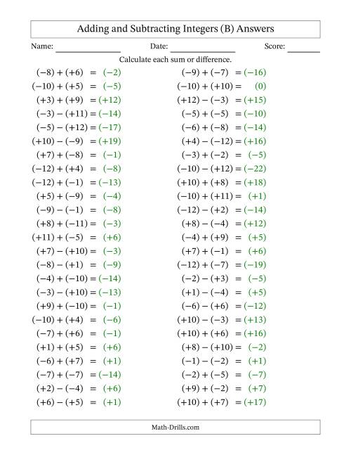 The Adding and Subtracting Mixed Integers from -12 to 12 (50 Questions; All Parentheses) (B) Math Worksheet Page 2