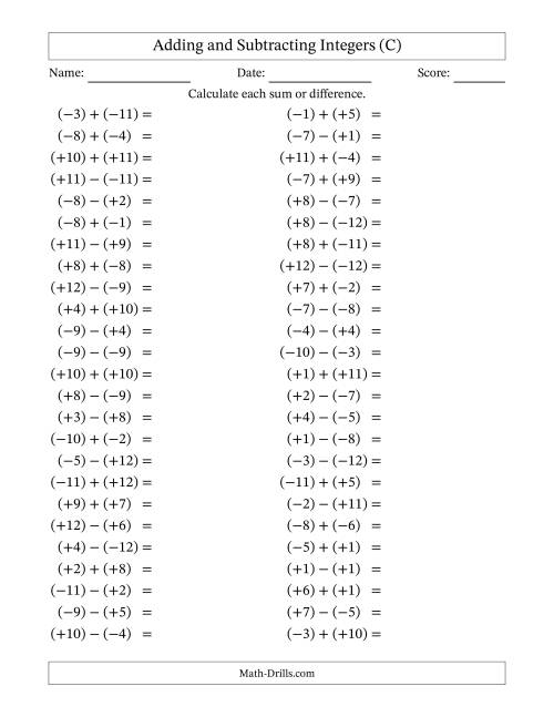 The Adding and Subtracting Mixed Integers from -12 to 12 (50 Questions; All Parentheses) (C) Math Worksheet