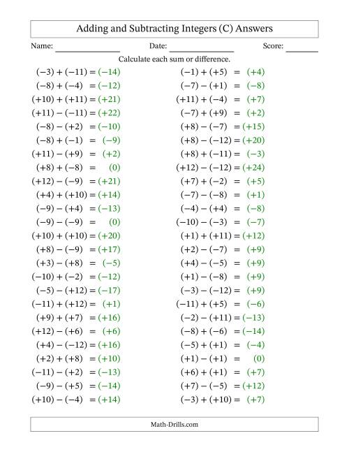 The Adding and Subtracting Mixed Integers from -12 to 12 (50 Questions; All Parentheses) (C) Math Worksheet Page 2