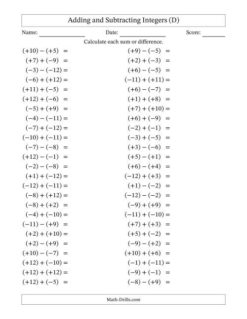 The Adding and Subtracting Mixed Integers from -12 to 12 (50 Questions; All Parentheses) (D) Math Worksheet