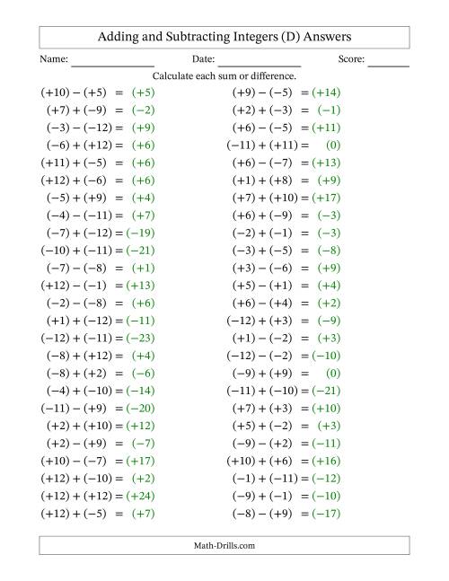 The Adding and Subtracting Mixed Integers from -12 to 12 (50 Questions; All Parentheses) (D) Math Worksheet Page 2