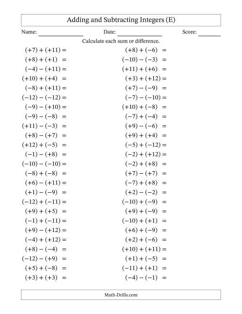 The Adding and Subtracting Mixed Integers from -12 to 12 (50 Questions; All Parentheses) (E) Math Worksheet