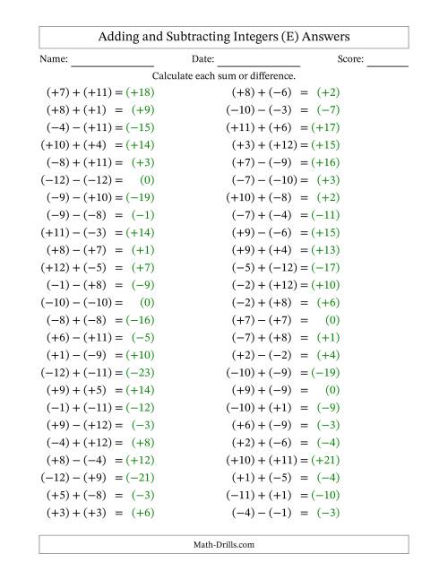 The Adding and Subtracting Mixed Integers from -12 to 12 (50 Questions; All Parentheses) (E) Math Worksheet Page 2