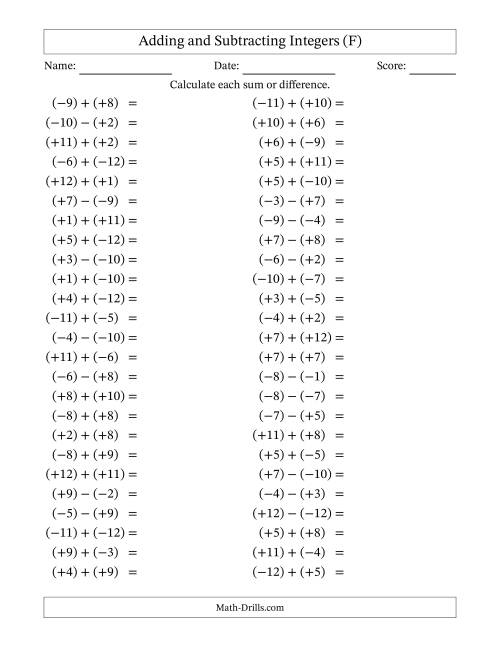 The Adding and Subtracting Mixed Integers from -12 to 12 (50 Questions; All Parentheses) (F) Math Worksheet
