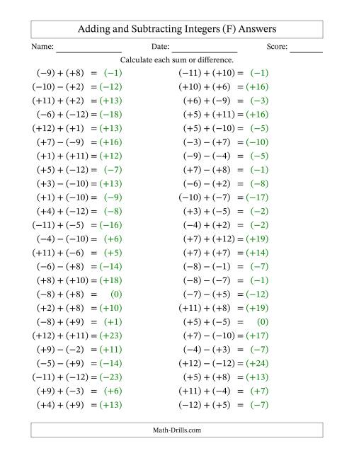 The Adding and Subtracting Mixed Integers from -12 to 12 (50 Questions; All Parentheses) (F) Math Worksheet Page 2