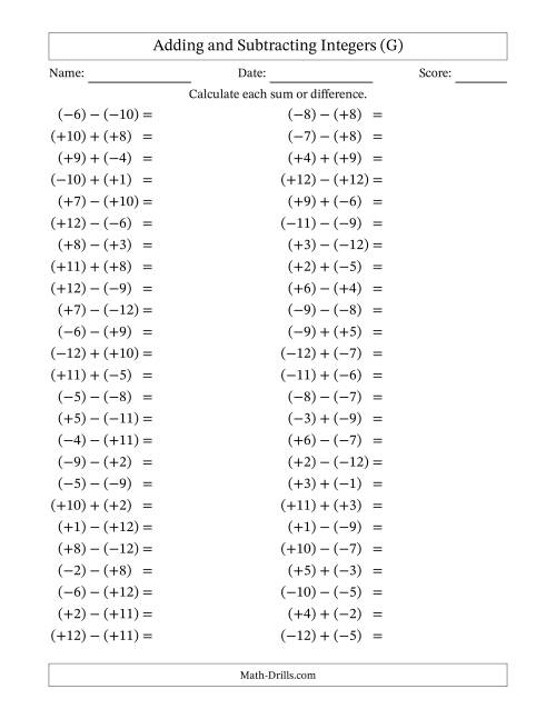 The Adding and Subtracting Mixed Integers from -12 to 12 (50 Questions; All Parentheses) (G) Math Worksheet
