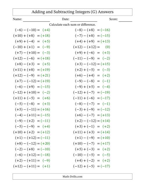 The Adding and Subtracting Mixed Integers from -12 to 12 (50 Questions; All Parentheses) (G) Math Worksheet Page 2