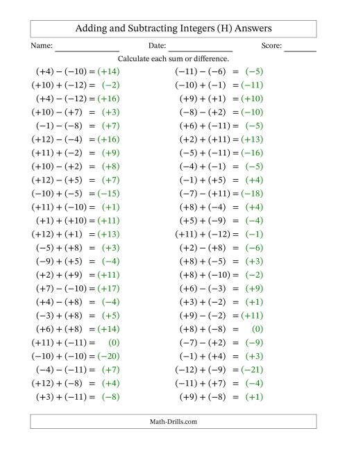 The Adding and Subtracting Mixed Integers from -12 to 12 (50 Questions; All Parentheses) (H) Math Worksheet Page 2