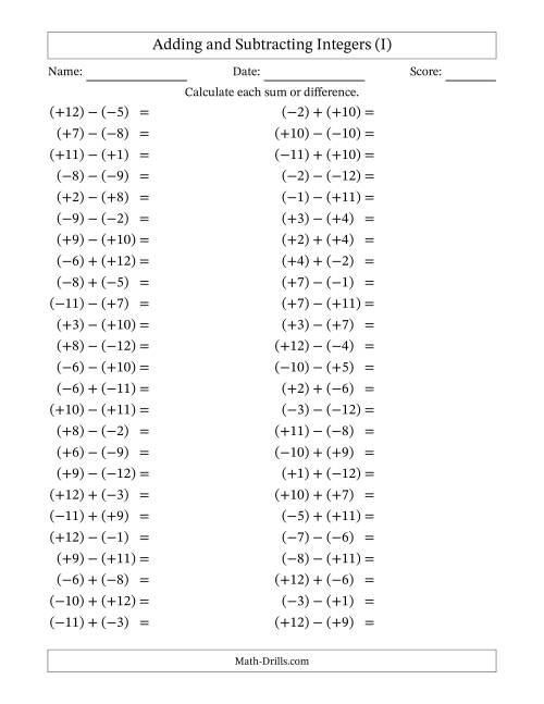 The Adding and Subtracting Mixed Integers from -12 to 12 (50 Questions; All Parentheses) (I) Math Worksheet