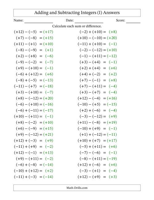 The Adding and Subtracting Mixed Integers from -12 to 12 (50 Questions; All Parentheses) (I) Math Worksheet Page 2
