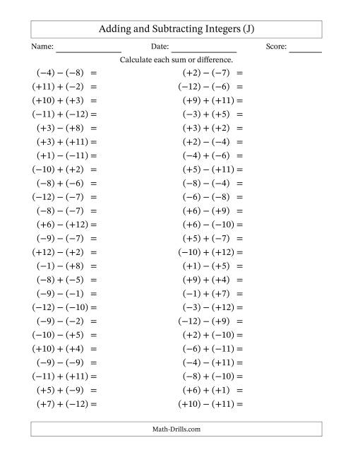 The Adding and Subtracting Mixed Integers from -12 to 12 (50 Questions; All Parentheses) (J) Math Worksheet