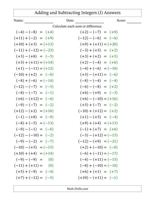 The Adding and Subtracting Mixed Integers from -12 to 12 (50 Questions; All Parentheses) (J) Math Worksheet Page 2