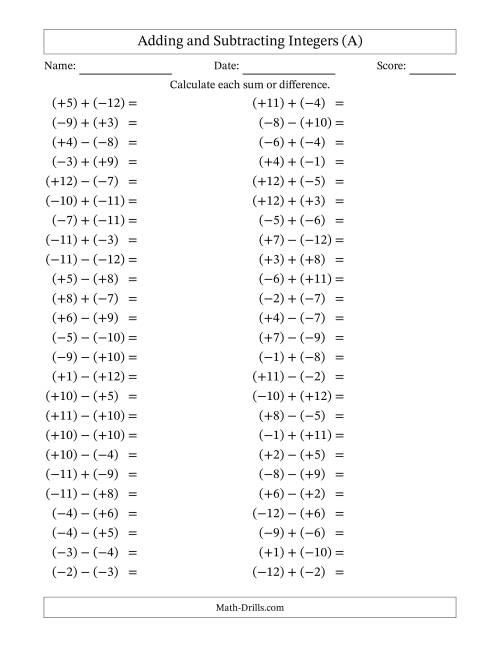 The Adding and Subtracting Mixed Integers from -12 to 12 (50 Questions; All Parentheses) (All) Math Worksheet