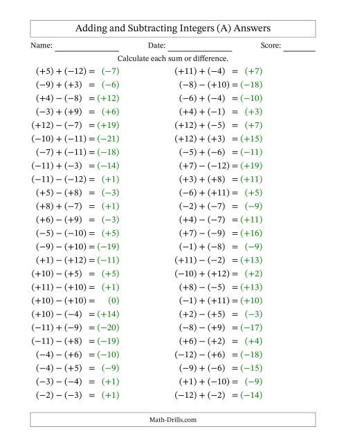 The Adding and Subtracting Mixed Integers from -12 to 12 (50 Questions; All Parentheses) (All) Math Worksheet Page 2