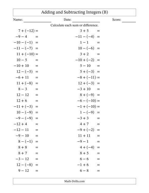 The Adding and Subtracting Mixed Integers from -12 to 12 (50 Questions) (B) Math Worksheet