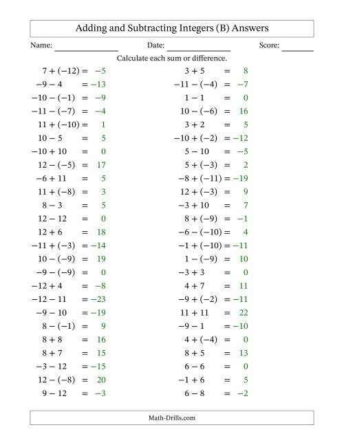 The Adding and Subtracting Mixed Integers from -12 to 12 (50 Questions) (B) Math Worksheet Page 2