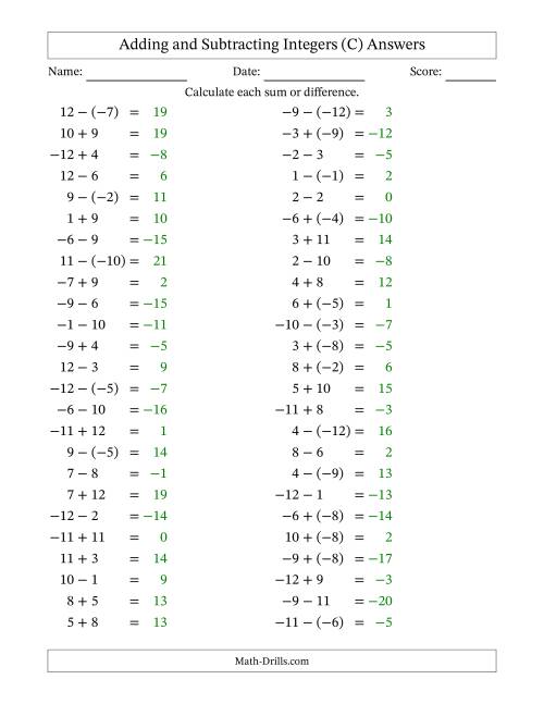 The Adding and Subtracting Mixed Integers from -12 to 12 (50 Questions) (C) Math Worksheet Page 2
