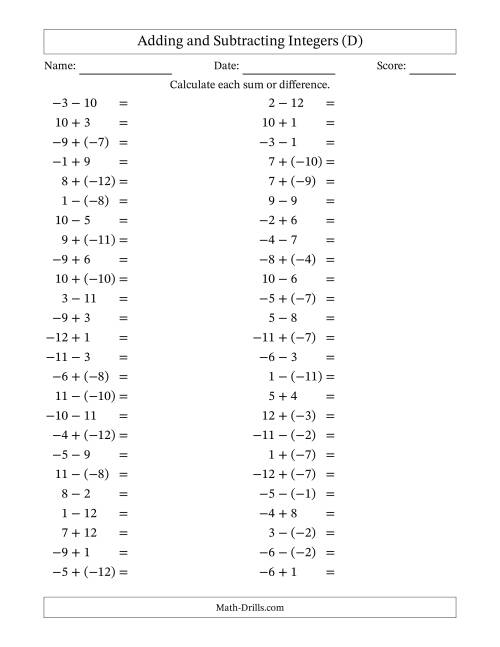 The Adding and Subtracting Mixed Integers from -12 to 12 (50 Questions) (D) Math Worksheet