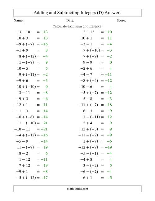 The Adding and Subtracting Mixed Integers from -12 to 12 (50 Questions) (D) Math Worksheet Page 2