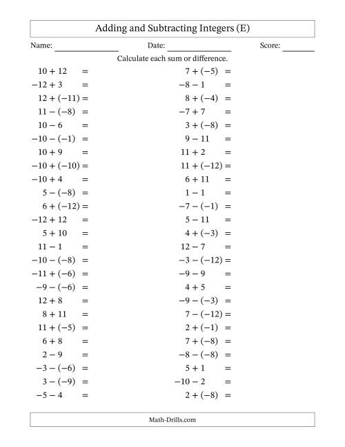 The Adding and Subtracting Mixed Integers from -12 to 12 (50 Questions) (E) Math Worksheet