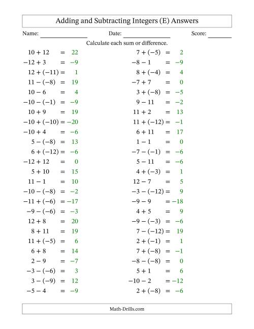 The Adding and Subtracting Mixed Integers from -12 to 12 (50 Questions) (E) Math Worksheet Page 2