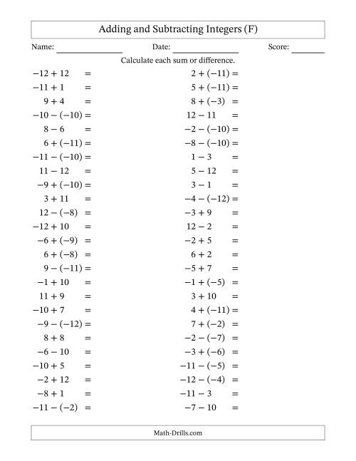 The Adding and Subtracting Mixed Integers from -12 to 12 (50 Questions) (F) Math Worksheet