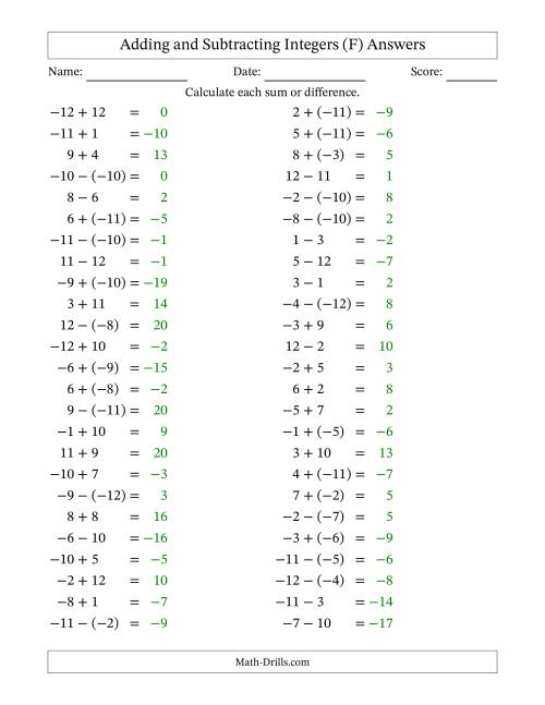 The Adding and Subtracting Mixed Integers from -12 to 12 (50 Questions) (F) Math Worksheet Page 2