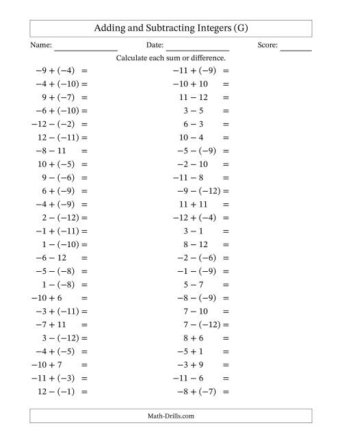 The Adding and Subtracting Mixed Integers from -12 to 12 (50 Questions) (G) Math Worksheet