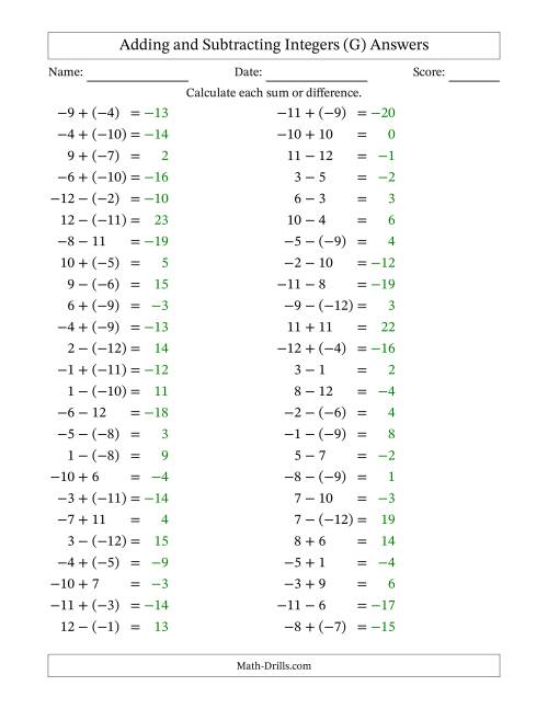 The Adding and Subtracting Mixed Integers from -12 to 12 (50 Questions) (G) Math Worksheet Page 2