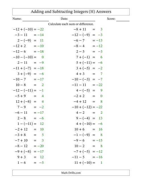 The Adding and Subtracting Mixed Integers from -12 to 12 (50 Questions) (H) Math Worksheet Page 2