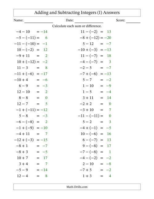 The Adding and Subtracting Mixed Integers from -12 to 12 (50 Questions) (I) Math Worksheet Page 2