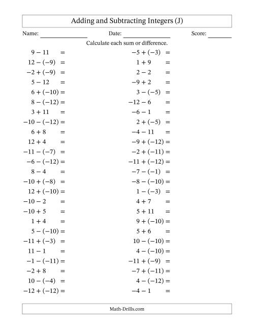 The Adding and Subtracting Mixed Integers from -12 to 12 (50 Questions) (J) Math Worksheet