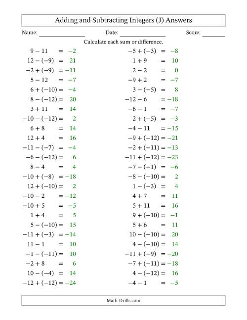 The Adding and Subtracting Mixed Integers from -12 to 12 (50 Questions) (J) Math Worksheet Page 2