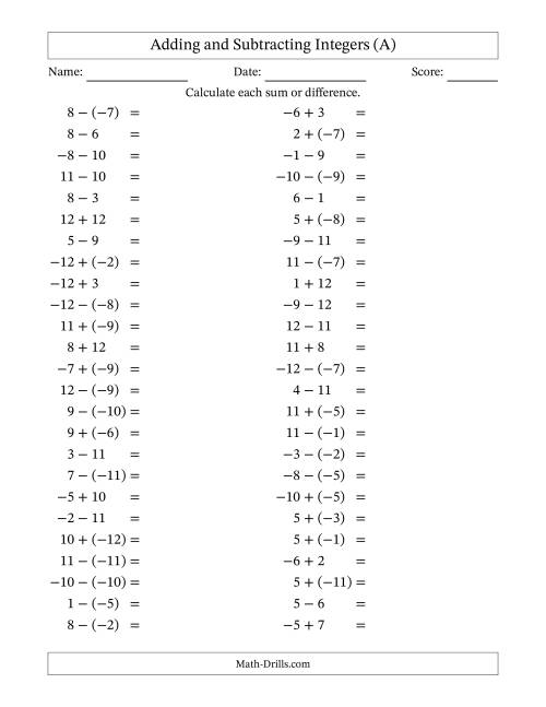 The Adding and Subtracting Mixed Integers from -12 to 12 (50 Questions) (All) Math Worksheet