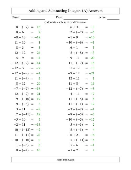 The Adding and Subtracting Mixed Integers from -12 to 12 (50 Questions) (All) Math Worksheet Page 2