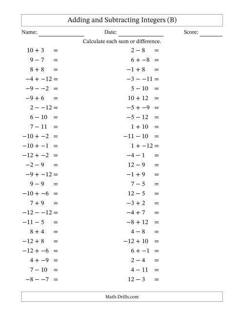 The Adding and Subtracting Mixed Integers from -12 to 12 (50 Questions; No Parentheses) (B) Math Worksheet