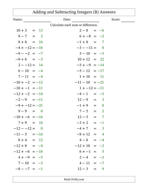 The Adding and Subtracting Mixed Integers from -12 to 12 (50 Questions; No Parentheses) (B) Math Worksheet Page 2