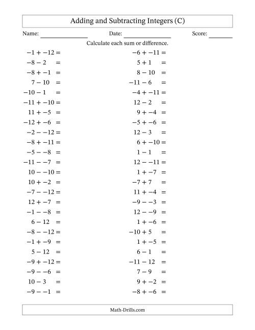 The Adding and Subtracting Mixed Integers from -12 to 12 (50 Questions; No Parentheses) (C) Math Worksheet