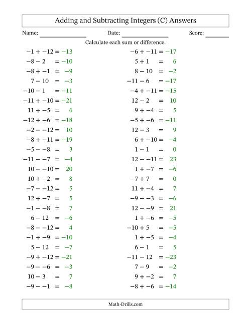 The Adding and Subtracting Mixed Integers from -12 to 12 (50 Questions; No Parentheses) (C) Math Worksheet Page 2