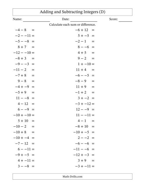 The Adding and Subtracting Mixed Integers from -12 to 12 (50 Questions; No Parentheses) (D) Math Worksheet