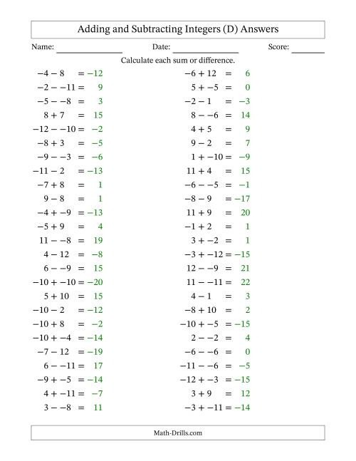 The Adding and Subtracting Mixed Integers from -12 to 12 (50 Questions; No Parentheses) (D) Math Worksheet Page 2
