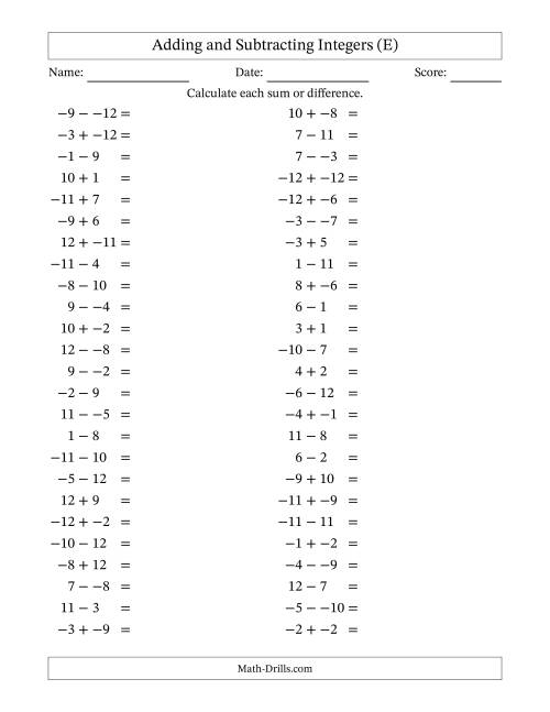 The Adding and Subtracting Mixed Integers from -12 to 12 (50 Questions; No Parentheses) (E) Math Worksheet