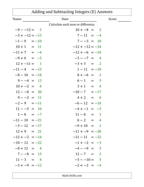 The Adding and Subtracting Mixed Integers from -12 to 12 (50 Questions; No Parentheses) (E) Math Worksheet Page 2