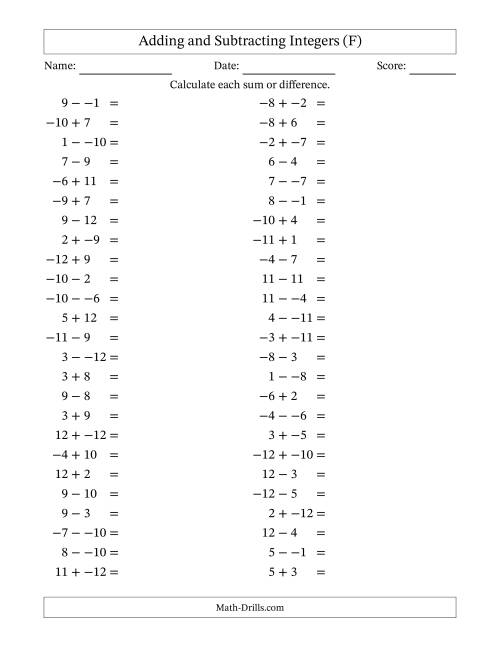 The Adding and Subtracting Mixed Integers from -12 to 12 (50 Questions; No Parentheses) (F) Math Worksheet