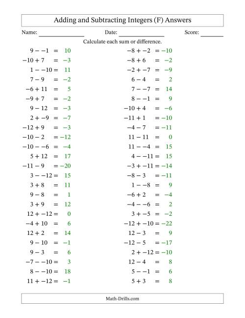 The Adding and Subtracting Mixed Integers from -12 to 12 (50 Questions; No Parentheses) (F) Math Worksheet Page 2