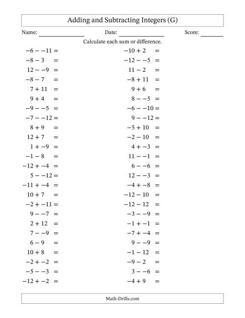 The Adding and Subtracting Mixed Integers from -12 to 12 (50 Questions; No Parentheses) (G) Math Worksheet