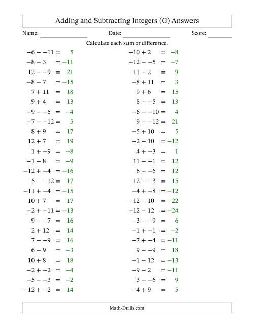The Adding and Subtracting Mixed Integers from -12 to 12 (50 Questions; No Parentheses) (G) Math Worksheet Page 2