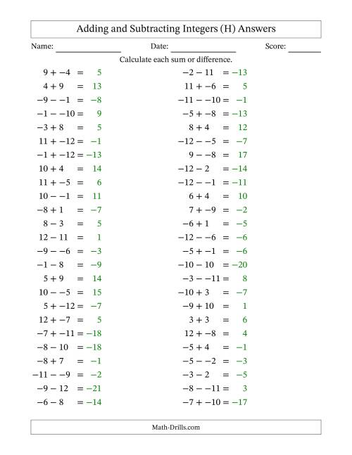 The Adding and Subtracting Mixed Integers from -12 to 12 (50 Questions; No Parentheses) (H) Math Worksheet Page 2